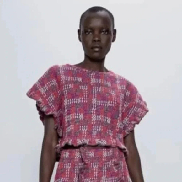 NWT Zara RUFFLED KNIT Cropped TOP Sweater Multi Color plaid - Picture 1 of 12